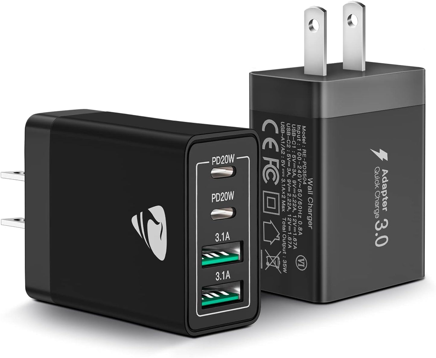 [2-Pack] USB C Wall Charger Block, Aiminu 40W 4-Port Fast Charging Block Dual Port QC+PD Power Brick Multiport Type C Charger Plug Adapter for iPhone 15 14 13 12 11 Pro Max XS XR SE 8 Plus, Samsung