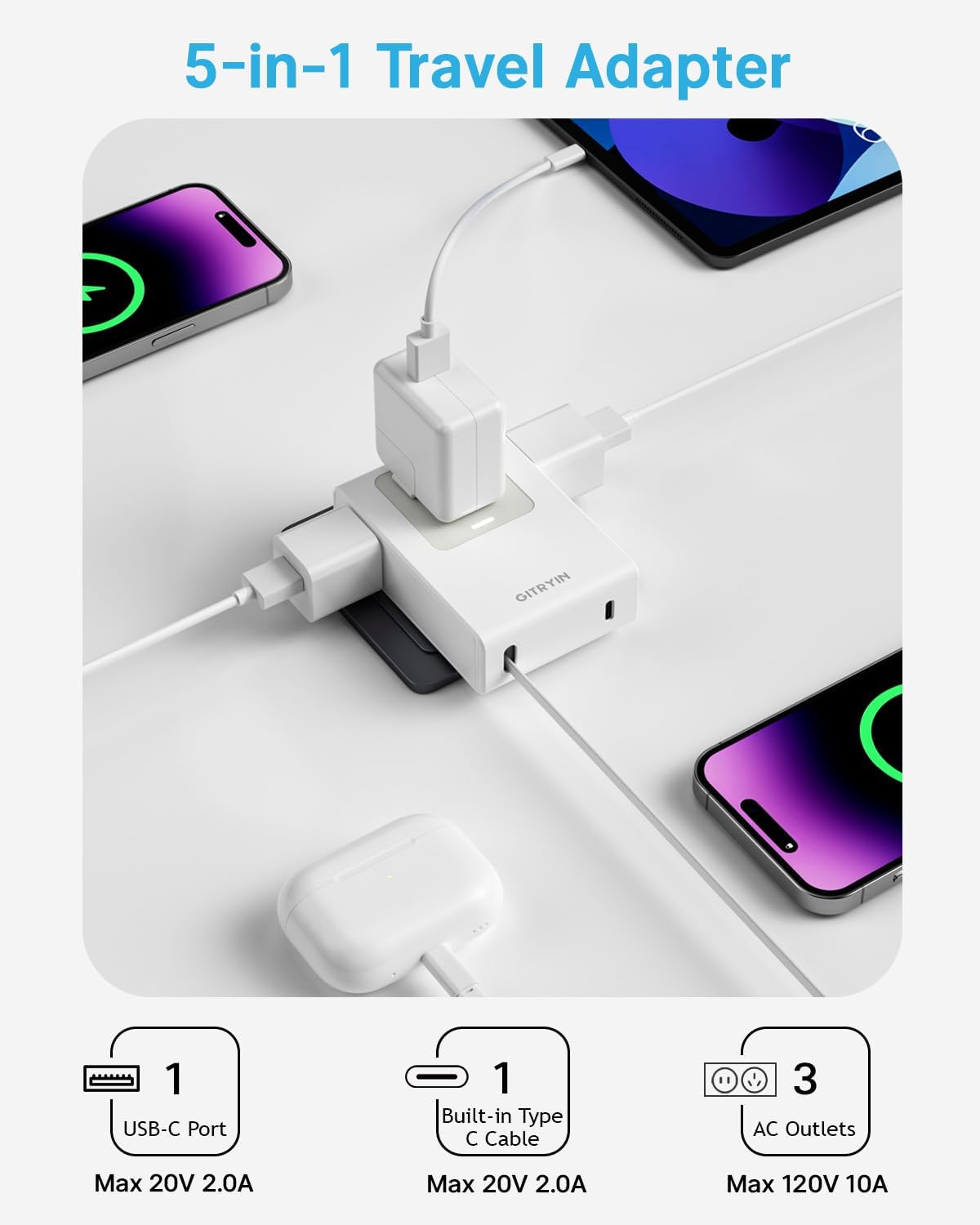 Flat USB C Wall Charger with 31.5in Retractable Type-C Cable, 5-in-1 Slim Wall Charger, 40W Fast Charging Power Plug with 3 Outlets 1 USB C Port, Type A Power Adapter for US to Japan Travel