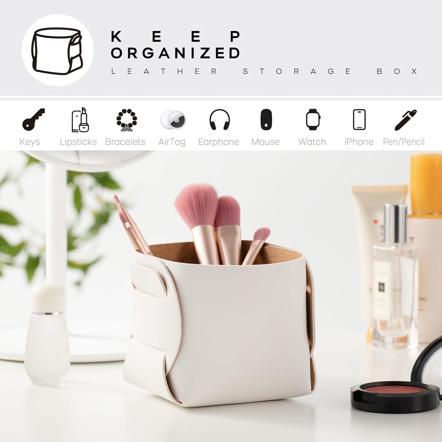 HOMIEAZICOZI 2-Pack Cork Leather Desk Accessories Storage - Pencil Pen Holder - Makeup Brush Holder Organizer - Stylish Addition to Home Decor (White)