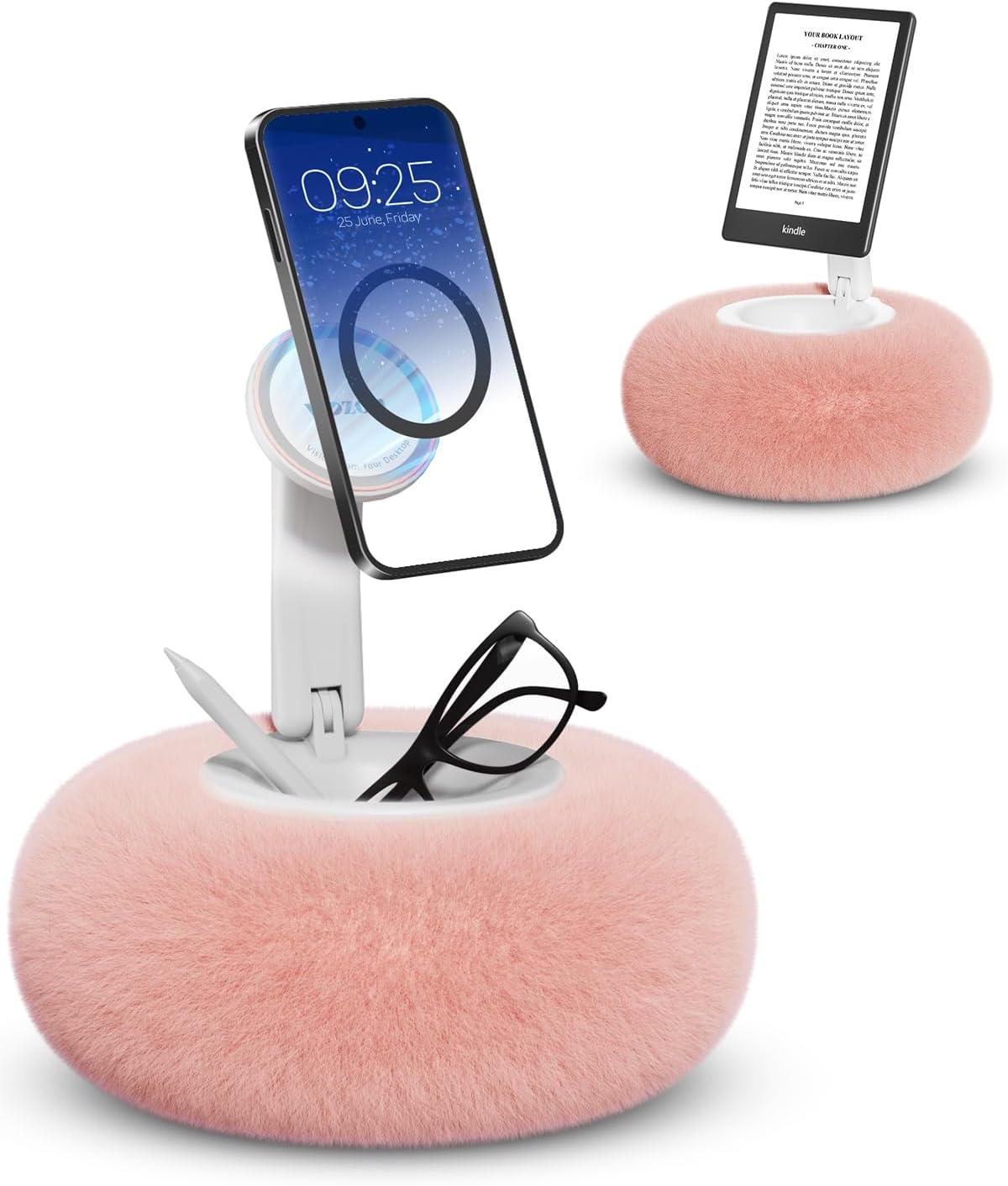 Viozon Phone Holder for Bed, Magnetic Pillow Stand, Compatible with 4-7" Phone/Kindle with Small Storage, Removable Suction Base for Stability, Idea for Kindle Reading and Video Watching On Bed,Pink