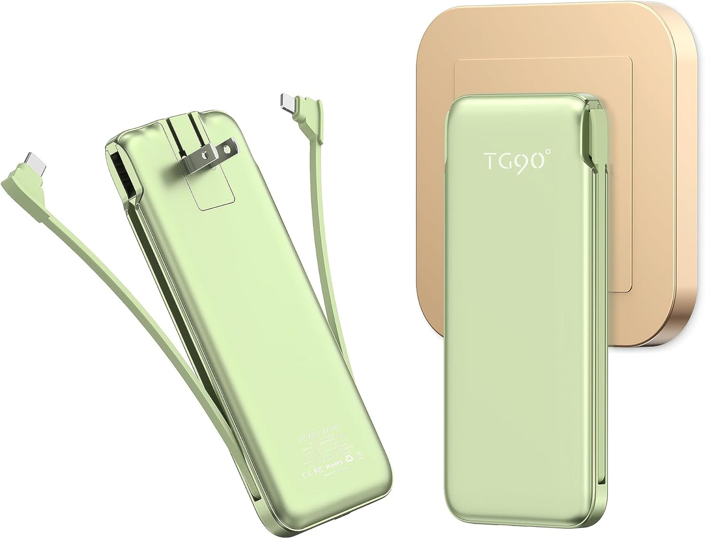 TG90° 10000mah Portable Charger with Built in Cables and AC Wall Plug, Compact Power Bank Portable Phone Charger Battery Pack Compatible with iPhone Android Smart Devices