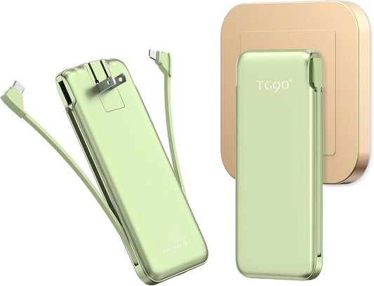 TG90° 10000mah Portable Charger with Built in Cables and AC Wall Plug, Compact Power Bank Portable Phone Charger Battery Pack Compatible with iPhone Android Smart Devices