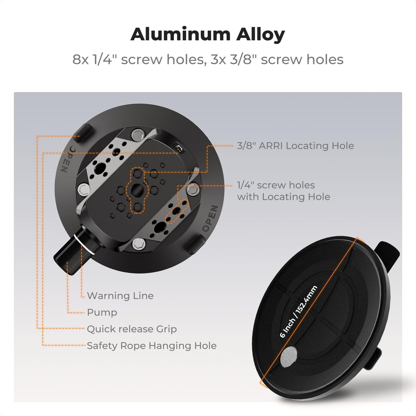 K&F Concept 6" Suction Cup Camera Mount with Magic Arm, ARRI Style 1/4" 3/8" Threads, Quick Release Car Mount for DSLRs Action Camera Phone Video Shooting Compatible with Hero 13 12 DJI Insta360