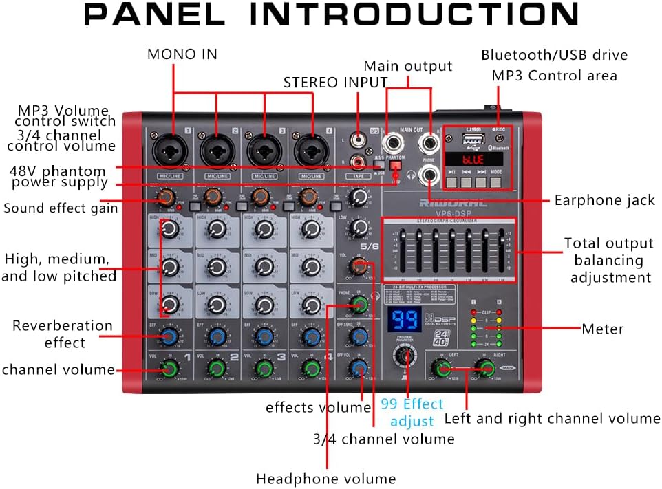 6 Channel Audio Interface DJ Mixer With 99 DSP Effects XLR 1/4 inch Jack USB Bluetooth Echo Delay Effect, Input 48V Phantom Power Stereo DJ Mixers for Recording, Live Streaming, Podcasting