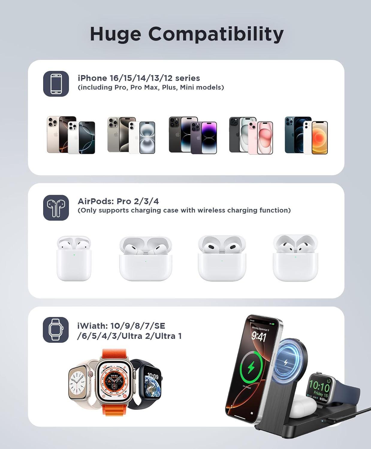 3 in 1 Magnetic Wireless for iPhone Charging Station: Foldable Portable Charger for iPhone 16-12 Pro Max & Apple Watch & AirPods, for Apple Multiple Devices Charger for Home,Office&Travel