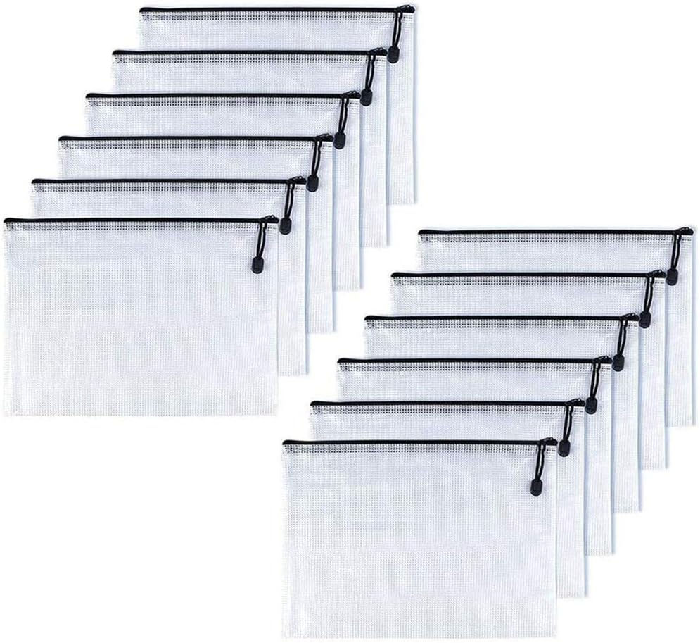 Oaimyy-A5(9"x 7",12 Pcs),Plastic Mesh Zipper Pouch Document Folders Bag & Zip File Folders for School Office Supplies, Travel,Puzzles Games Organizing Storage-Black