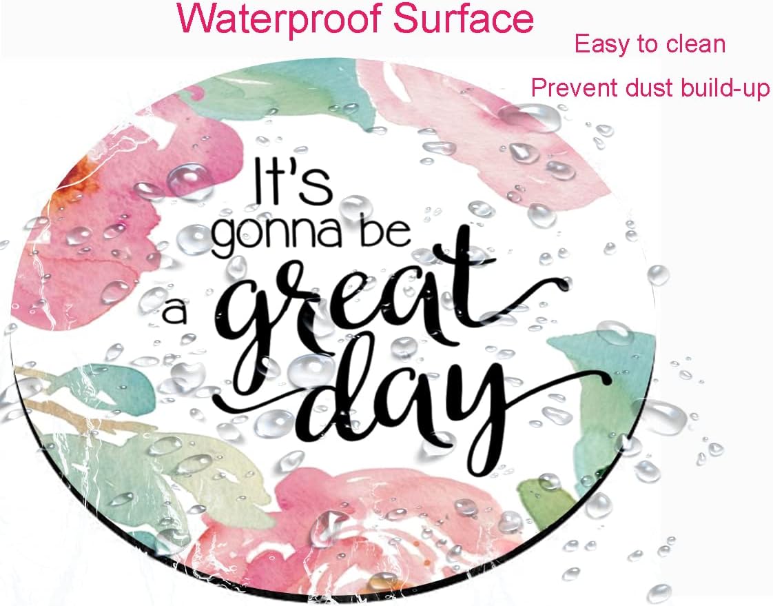 Mouse Pad, Inspirational Quote Floral Mouse Pad, Quote Great Day Mouse Pad, Washable Round Mousepads with Lycra Cloth, Non-Slip Rubber Base Computer Mouse Pads for Wireless Mouse