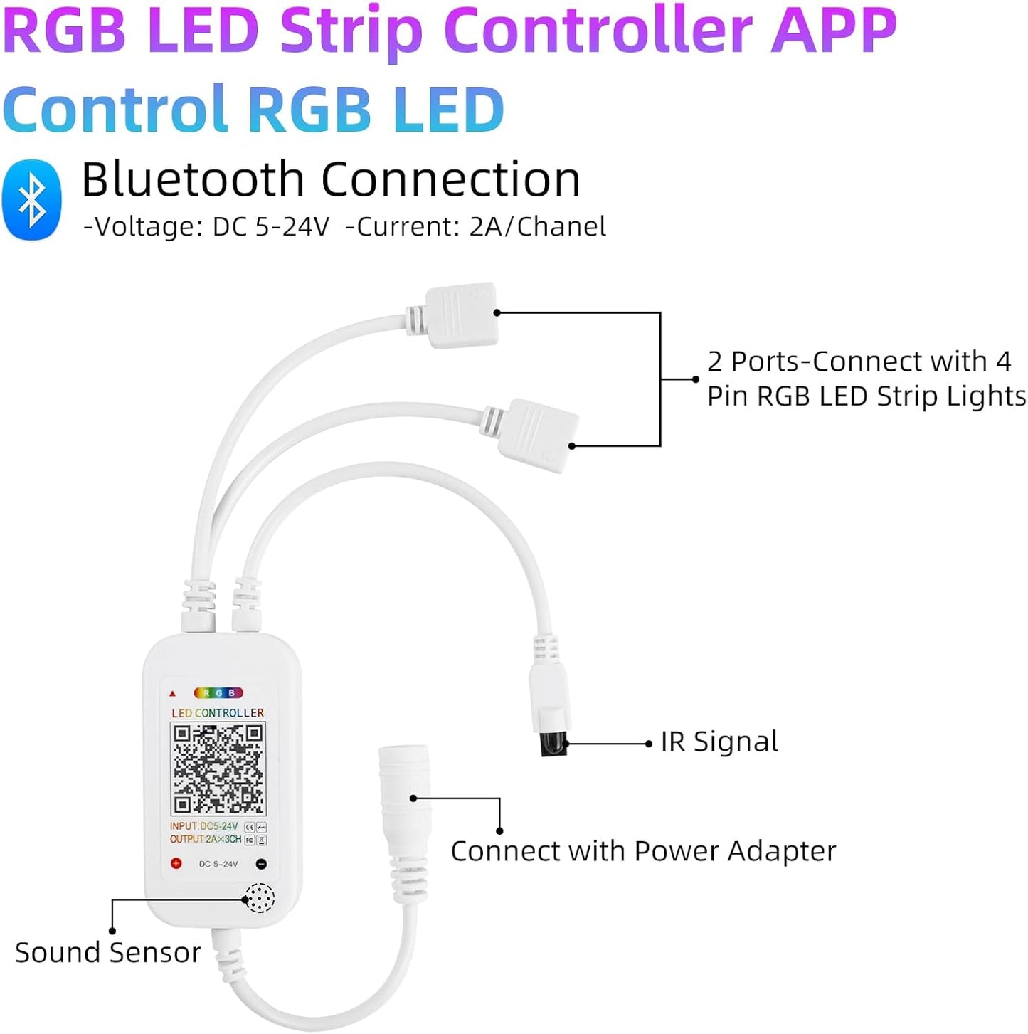 RGBZONE Bluetooth RGB LED Controller, 4-PIN Smart Music LED Strip Lights Controller, 40-Keys IR Remote Control for 5V/12V/24V SMD 5050 3528 RGB LED Strip Lights
