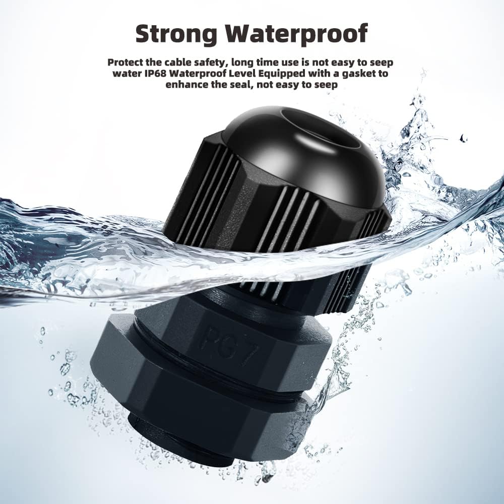 Cable Gland 20 Pack Plastic Waterproof Adjustable Connector 3-7mm PG7 Strain Relief Cord Connectors Joints Nylon with Gaskets