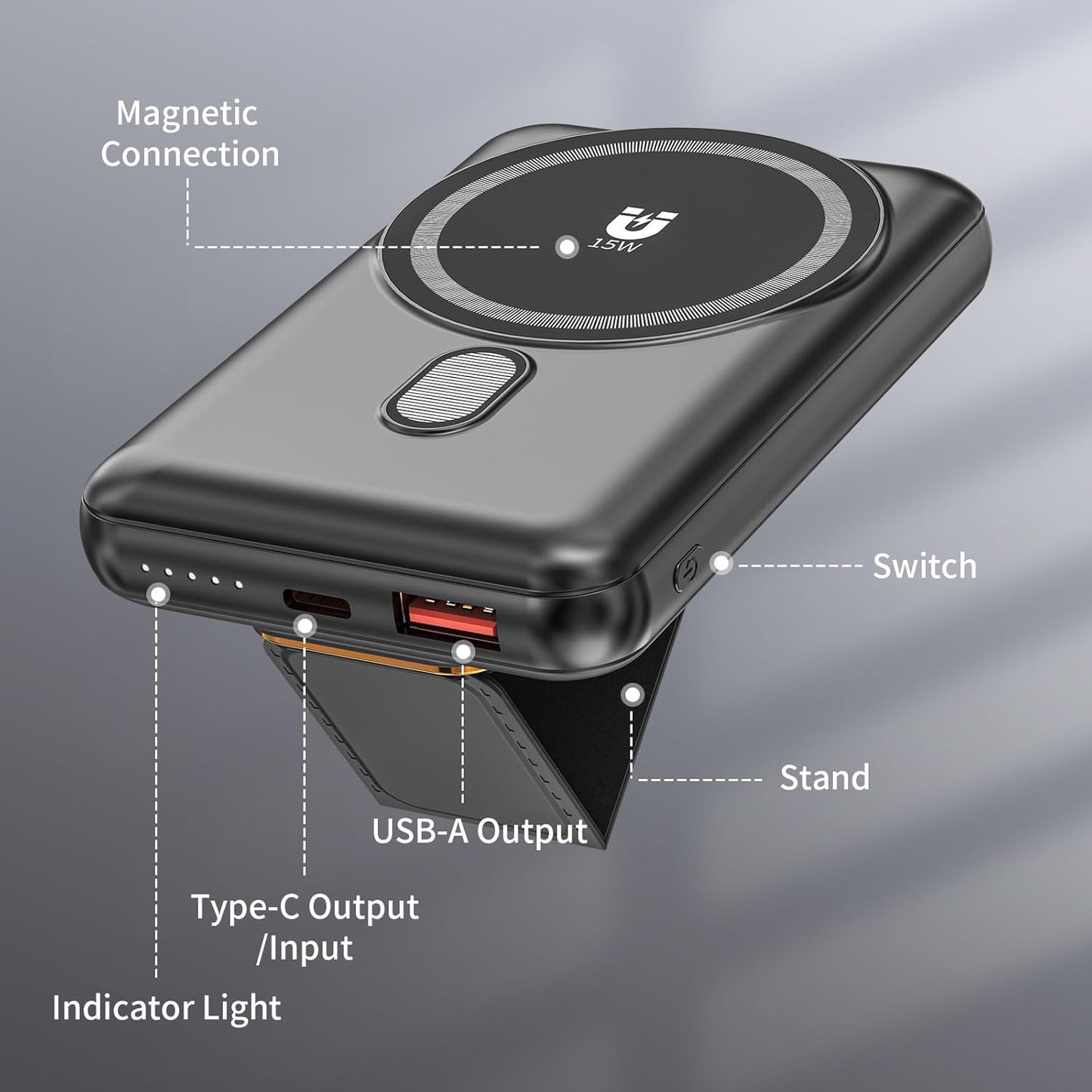 Magnetic Power Bank 10000mAh, Wireless Portable Charger with Stand, 15W Fast Charging Magnetic Battery Pack w/USB-C, Compatible with Magsafe iPhone 15/15 Plus/15 Pro/15 Pro Max, iPhone 14/13/12 Series