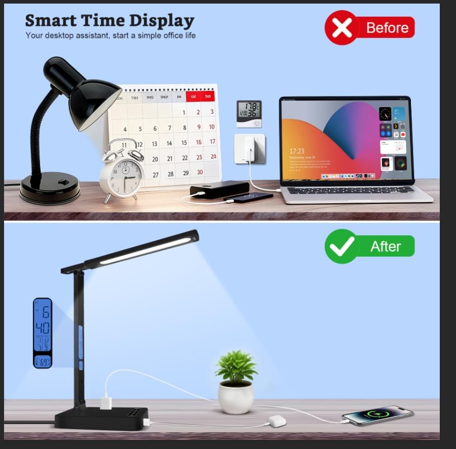Smart Desk Lamp with Dual USB Charging (Type-C/USB-A) & 2 AC Outlets, Digital Clock, Temperature Display, 5 Color Modes, 5 Brightness, Adjustable - for Office, Bedroom, Dorm Room, Study