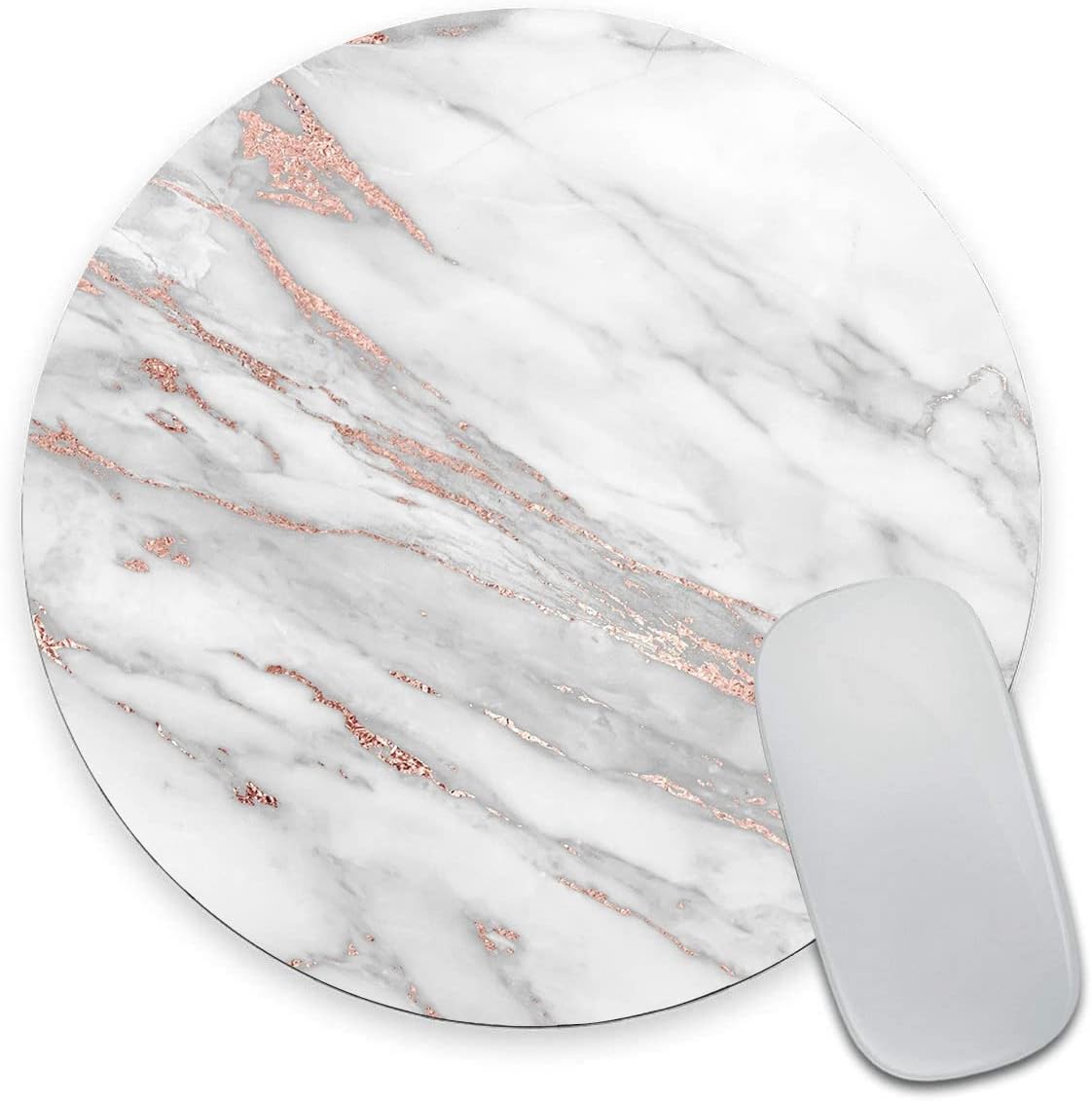 Premium Textured Round Mouse Pad - White Rose Gold Marble, Washable with Lycra Cloth, Non-Slip Rubber Base for Wireless Mouse
