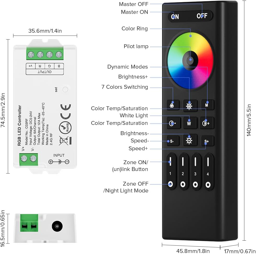 BTF-LIGHTING RF 2.4GHz Wireless Remote RC03RFB & C03RF Tuya Controller Kit 4 Zones Group Control PWM 5050SMD FCOB COB RGB (+ R G B) 4pin LED Strip DC5V DC12V DC24V