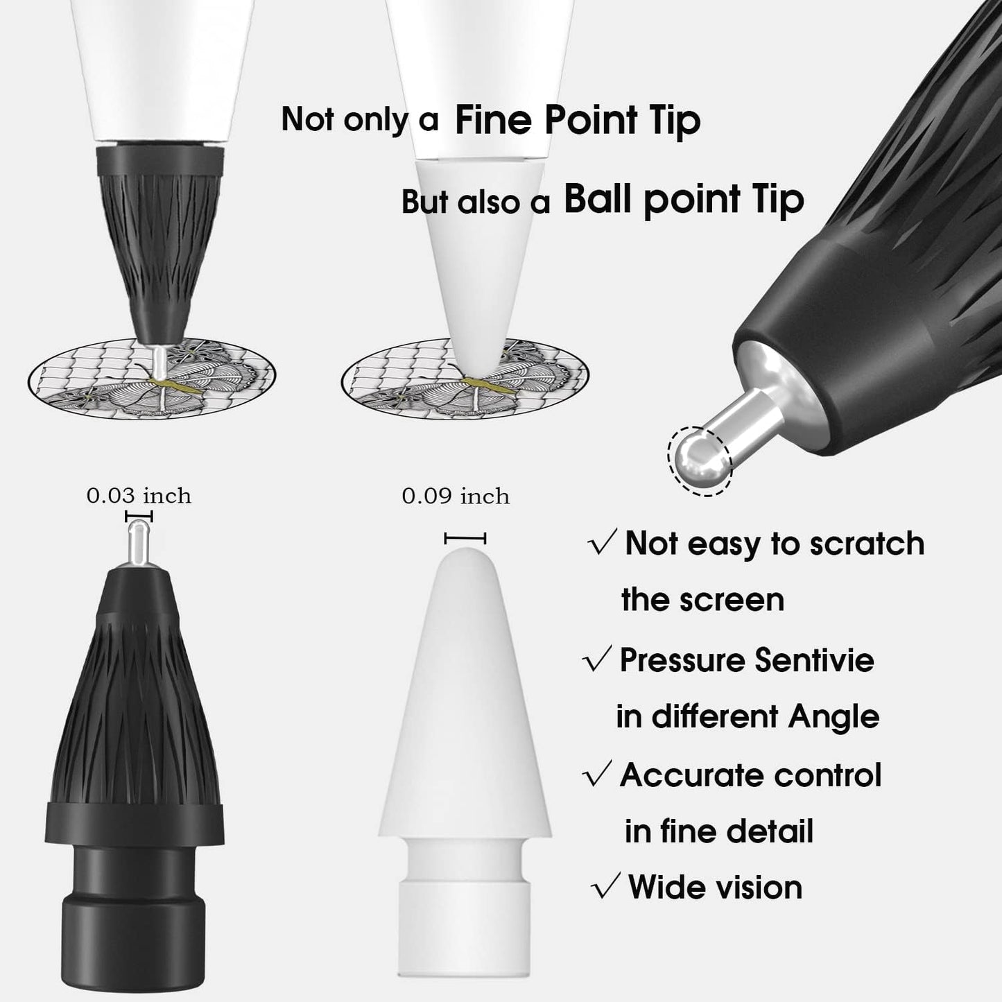 Upgraded Pencil Tips fits for Apple 2nd 1st Gen USB-C iPad Pro Pencil,No Wear Out Fine Point Apple Pen Tip &Noiseless Friction Nib Covers Set, Make iPencil 1 / Pencil 2 Work Like a Charm,Black