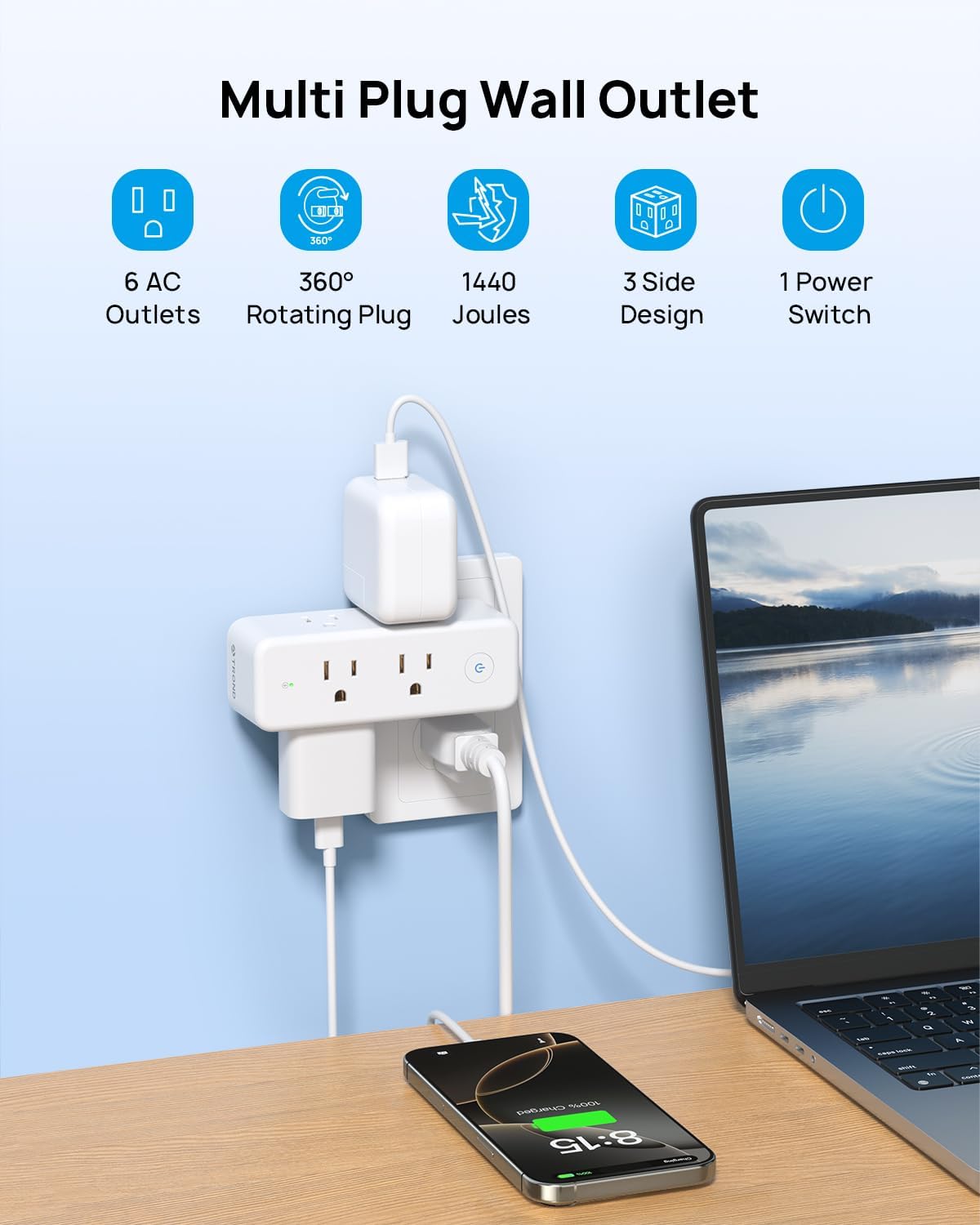 TROND Outlet Extender Surge Protector, 6 AC Outlet Splitter with 360° Rotating Plug, 1440J, 3-Sided Swivel Wall Plug Adapter with Power Switch, Multi Plug Expander for Home Office Travel