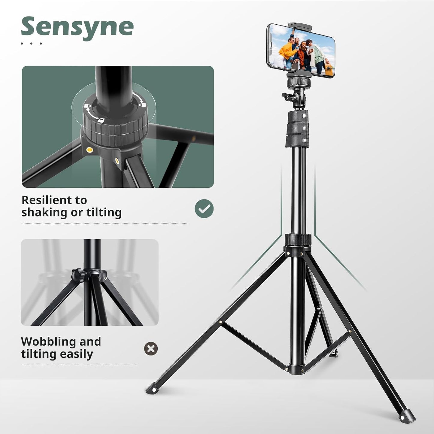 SENSYNE 72" Phone Tripod, Extendable Cell Phone Tripod Stand, Selfie Stick with Wireless Remote and Phone Holder, Compatible with iPhone Android Phone, Camera