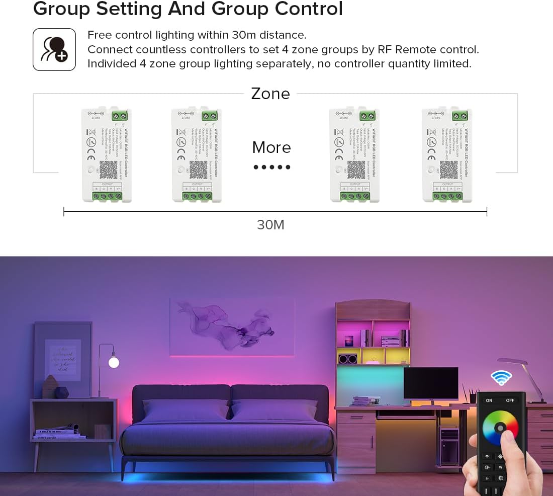 BTF-LIGHTING 2.4GHz Wireless RF Remote RC03RFB &3PCS C04RF Tuya Controller Kit 4 Zones Group Control 5050SMD FCOB COB PWM RGBW (+ R G B W) 5pin LED Strip DC5V DC12V DC24V