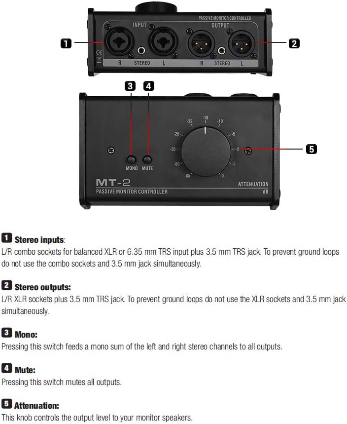 HXBER Passive Monitor Controller with XLR 3.5mm Inputs Outputs Supports Attenuation Control Mute Function, Black