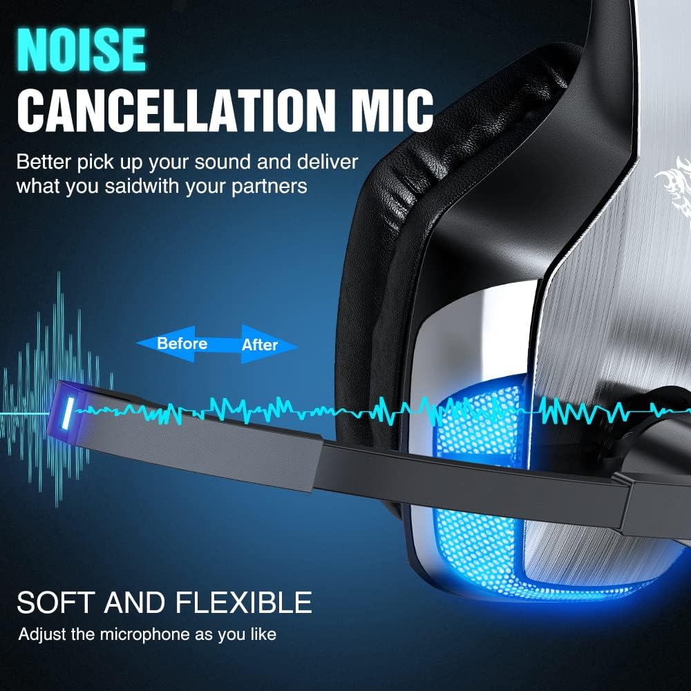 BENGOO V-4 Gaming Headset for Xbox Series X|S, Xbox One, PS5, PC, Mac, Nintendo Switch, Noise Cancelling Over Ear Headphones with Mic, LED Light, 7.1 Surround Sound, Soft Memory Earmuffs, 3.5mm