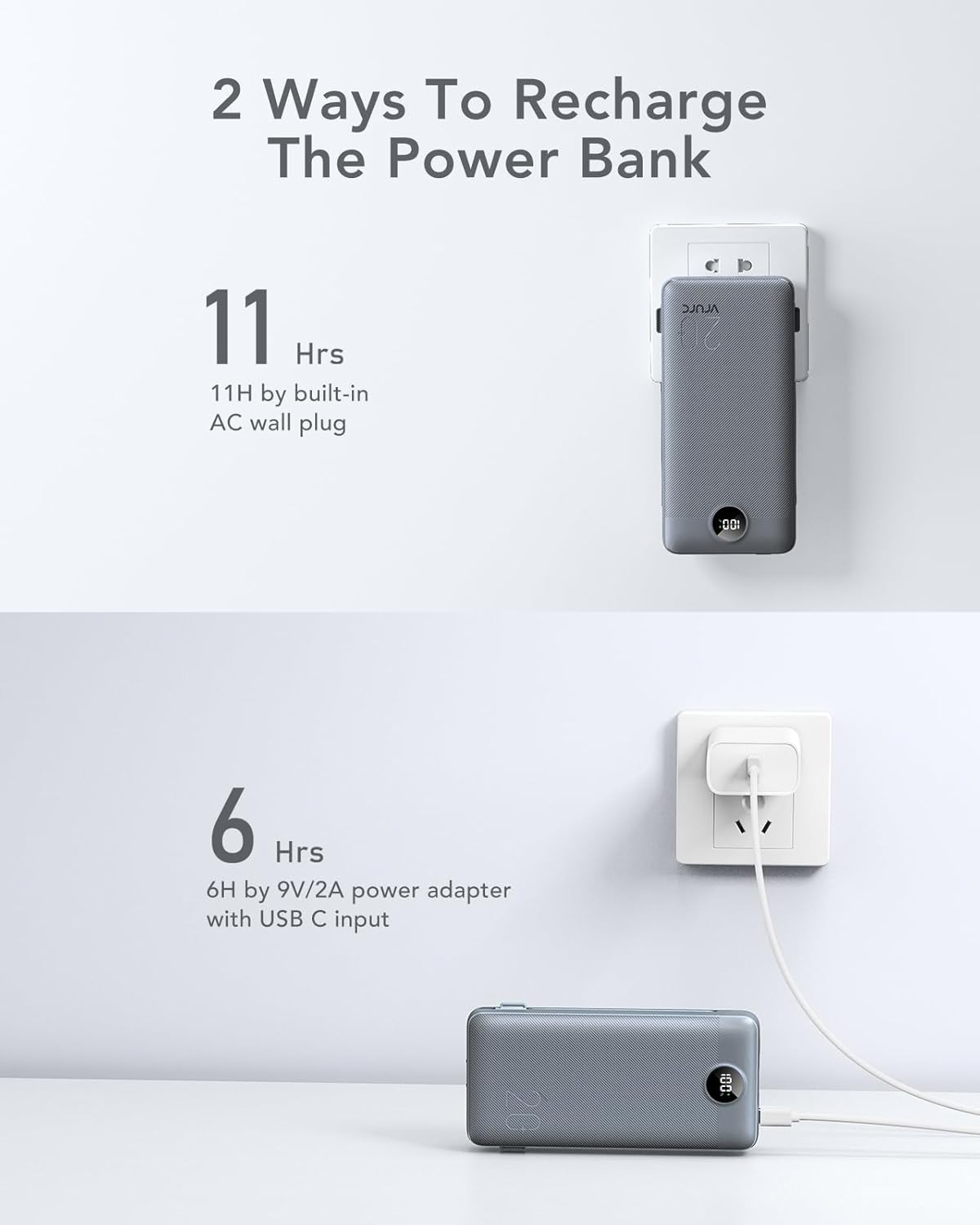 Portable Charger Power Bank 20000mAh,VRURC 22.5W Fast Charging Power Bank With Cables, 20K USB C Portable Charger With Wall Plug, Phone Battery With Cords For iPhone, Samsung, Android Phones, etc-Grey