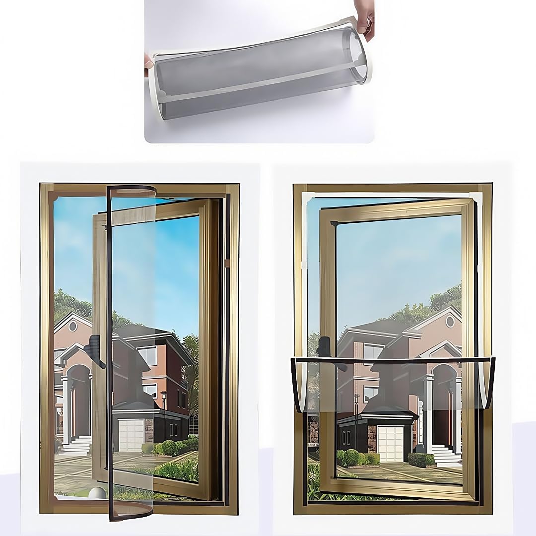VKX Adjustable DIY Magnetic Window Screen, Fiberglass Mesh, Strong(720GS) Magnetic Strips, White Frames Grey Mesh, Suitable for Various Types of Screen Windows (45"x49")