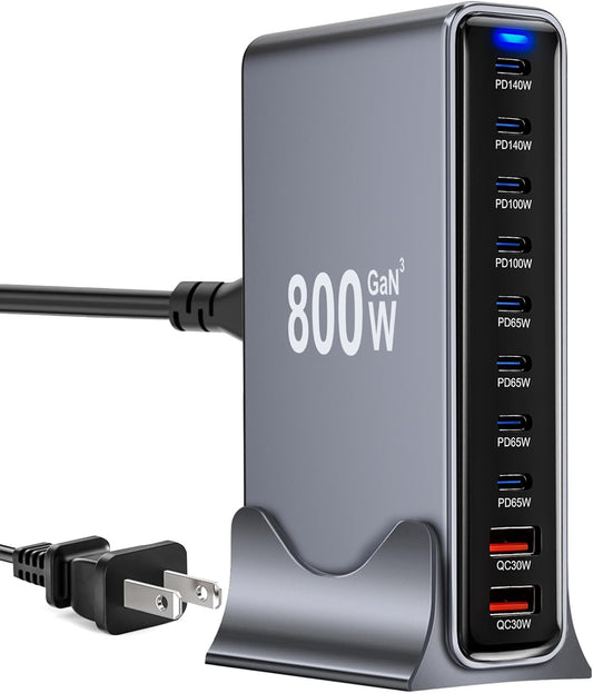 800W USB C Fast Charger Block, 10 Port USB Charging Station, GaN Ⅲ Pro Double 140W PD PPS Port Fast Charging Station,Laptop Wall Charger Compatible with HP,DELL,MacBook Pro,iPhone 16,Galaxy S24
