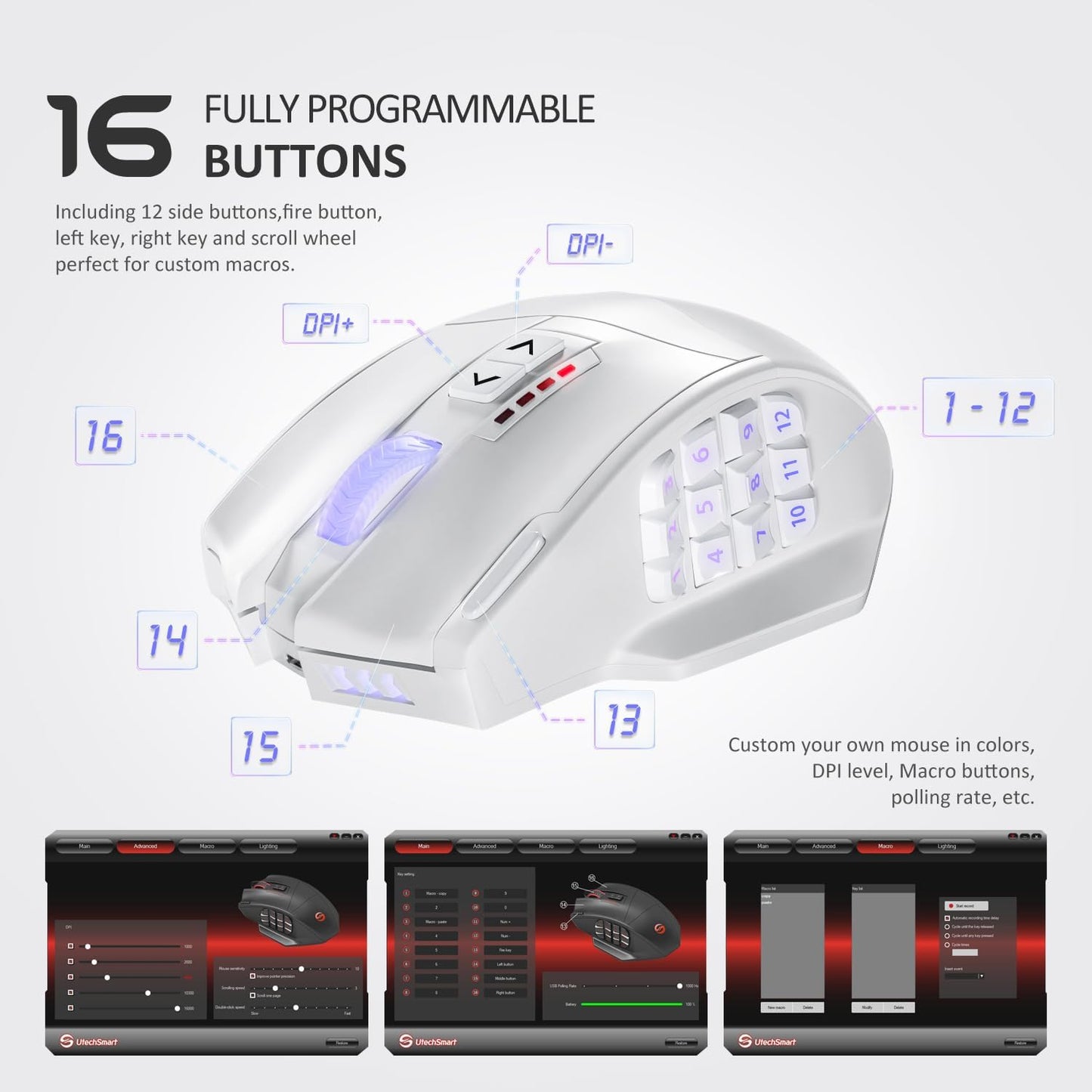 UtechSmart Venus Pro Wireless MMO Gaming Mouse, 16,000 DPI Optical Sensor, 2.4 GHz Transmission Technology, Ergonomic Design, 16M Chroma RGB Lighting, 16 Programmable Buttons, Up to 70H