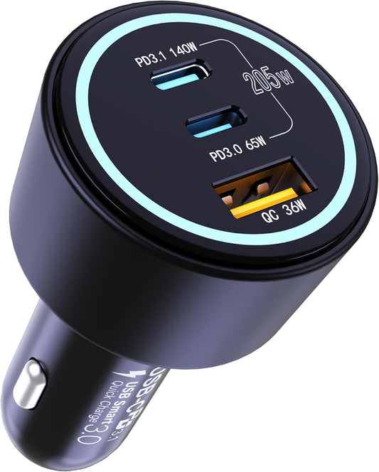 205W USB C Car Charger, 3-Ports PD3.1/PPS/QC3.0 Fast Charging Type C Cigarette Lighter Adapter for MacBook Pro Laptop, iPhone 16/15/14/13/12, Galaxy S24/S23 Ultra etc