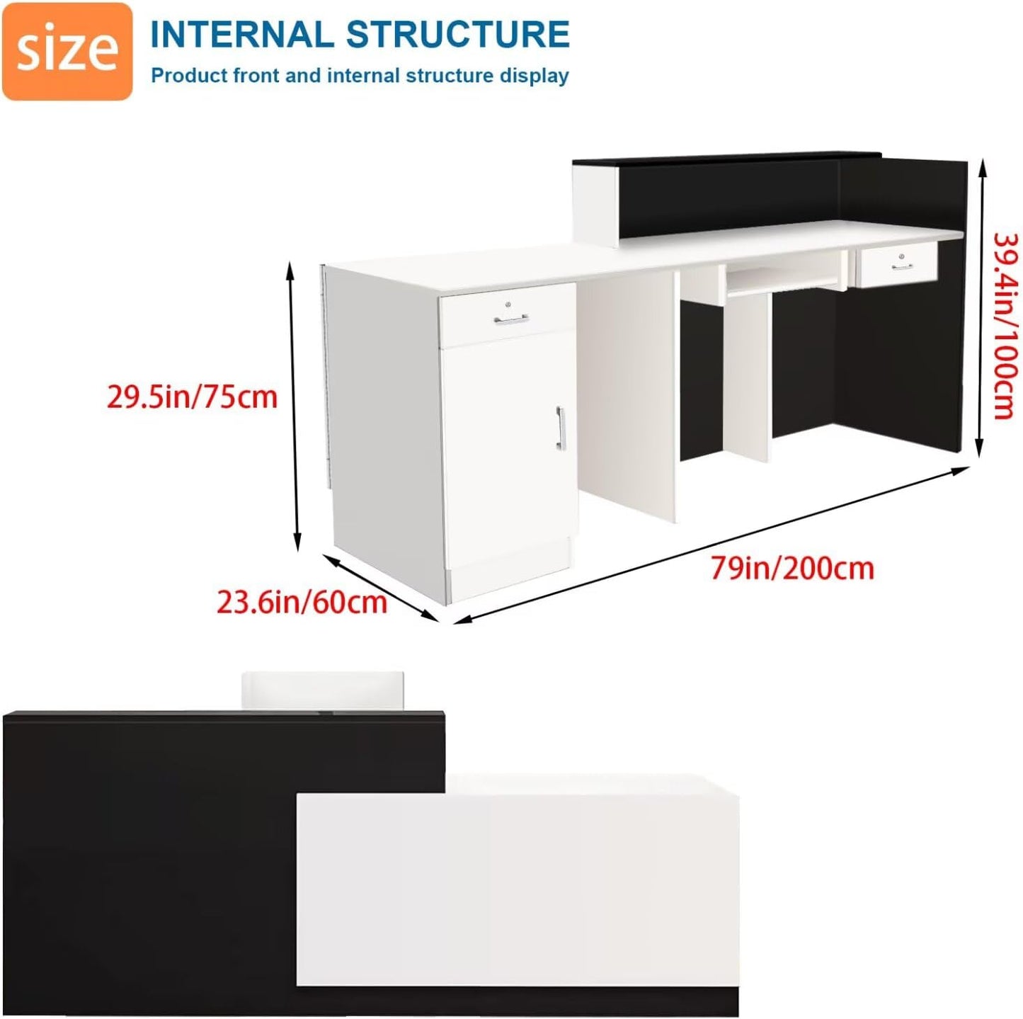 Reception Desk with Counter Modern Checkout Counter with Lockable Drawer Keyboard Tray Receptionist Desk for Office Salon Reception Table I Left 79inch/200cm