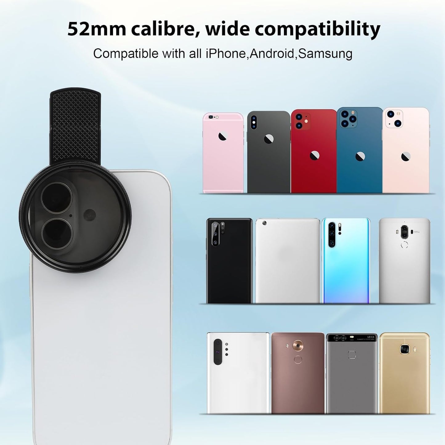 52mm Clip-On CPL Phone Camera Lens Filter, Polarizer Circular Filter, Ultra Slim Multi- Coated CPL Filter Compatible with iPhone 15/14/13 Samsung