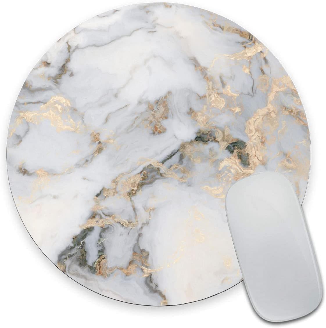 Mouse Pad, White Gold Marble Customized Premium-Textured Round Mouse Pad, Washable Mousepads with Lycra Cloth, Non-Slip Rubber Base Computer Mouse Pads for Wireless Mouse