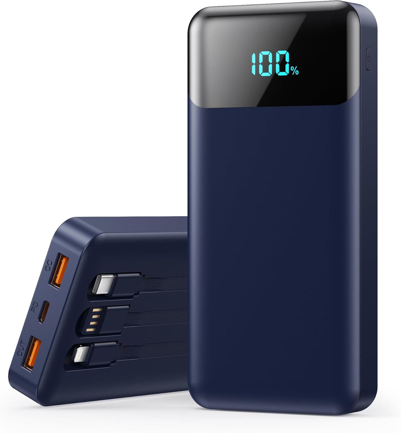 Portable Charger 40800mAh Power Bank with 3 Built-in Cables,PD 25W USB C in&Out Power Bank Fast Phone Charging,QC4.0 5 Output LED Display Battery Pack Compatible with iPhone 16/15,Samsung Android-Navy