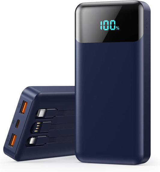 Portable Charger 40800mAh Power Bank with 3 Built-in Cables,PD 25W USB C in&Out Power Bank Fast Phone Charging,QC4.0 5 Output LED Display Battery Pack Compatible with iPhone 16/15,Samsung Android-Navy