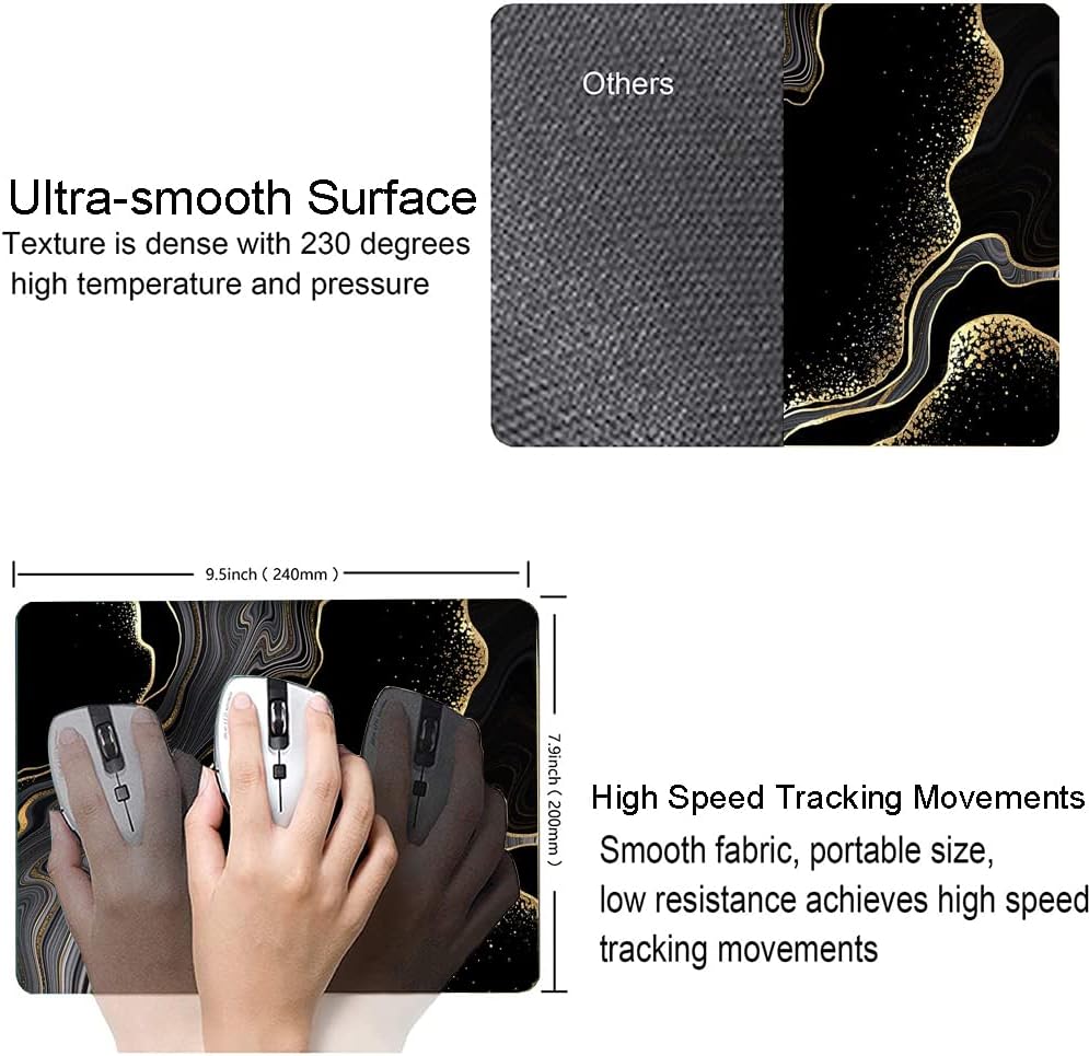 Mouse Pad Marble, Cute Personalized Mouse Pads with Design, Square Washable Cloth Mouse Mat, Gaming Office Home Non-Slip Rubber Base Computer Mousepad, Black Gold Marble