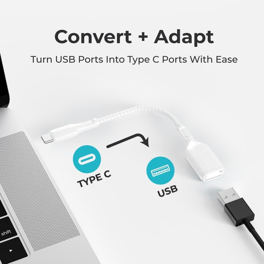 BLACK+DECKER USB C to USB A Adapter, USB C Male to USB Female Adapter Nylon Braid, Type C OTG Cable Compatible w/iPhone 16 15 Pro, MacBook Pro 2022/Air/Mini, iPad—2 Pack, 3" (White)