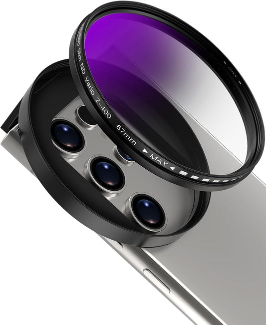 67mm Variable ND2-ND400 Filter for Phone, VND Lens with Phone Clip, Adjustable Neutral Density Filter Compatible with iPhone 16 15 14 13 Pro Max Plus Samsung Galaxy Moto Google TCL DSLR Cameras