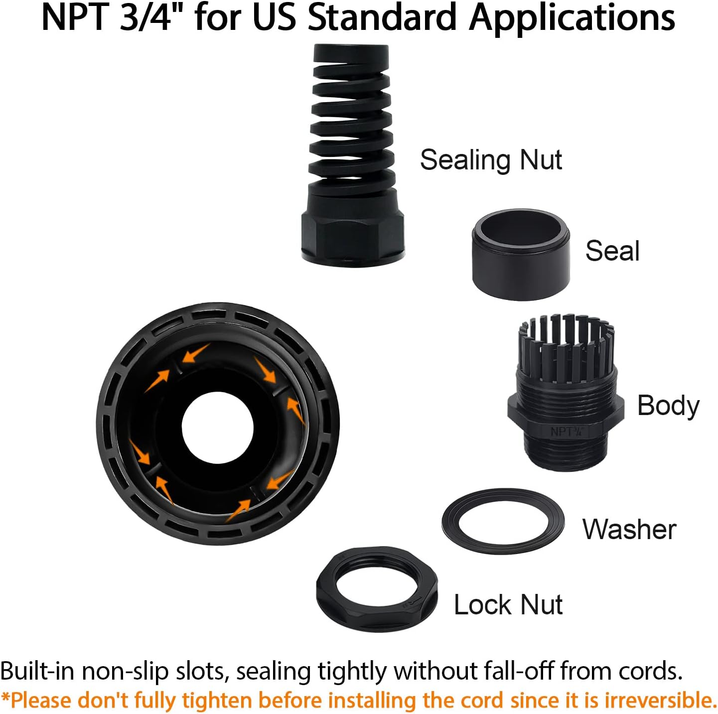 LeMotech 5Pcs NPT 3/4" IP68 Waterproof Cable Gland Flex Spiral Strain Relief Black Nylon Joint with Gaskets for 13-18mm Wire Thread