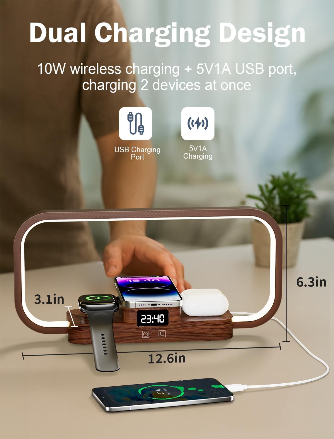 LED Bedside Lamp with Wireless Charger, 3 in 1 Touch Control Bedside Lamp, 5 Color Mode & Dimmable, Desk Lamps with Clock for Nightstand, Table Night Lamp for Bedroom, Gifts for Women, Men, Friends