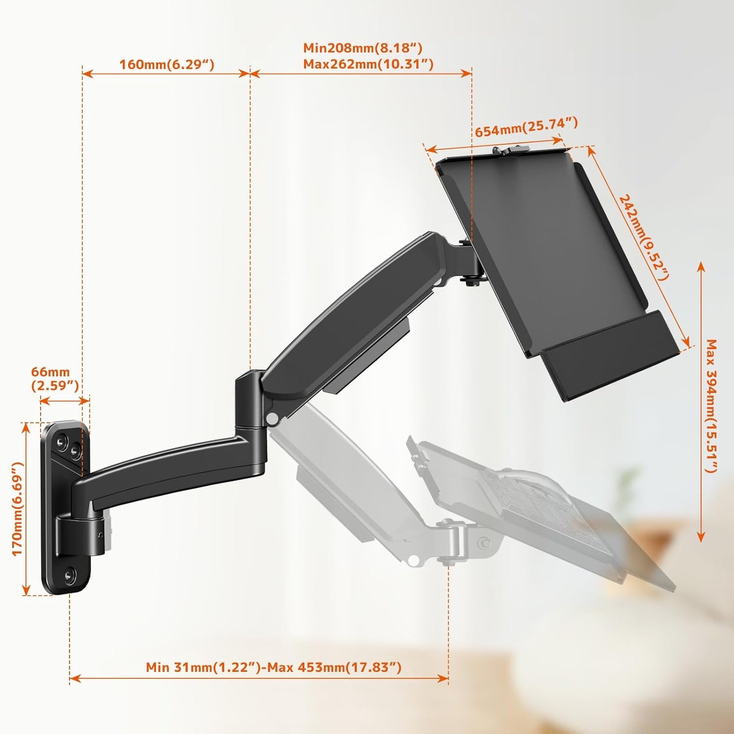 Keyboard Tray Wall Mount,Sit-Stand 26 Inch Keyboard and Mouse Stand,Height Adjustable Typing Platform,360 Degree Rotation, Holds up to 19.8 lbs, Black