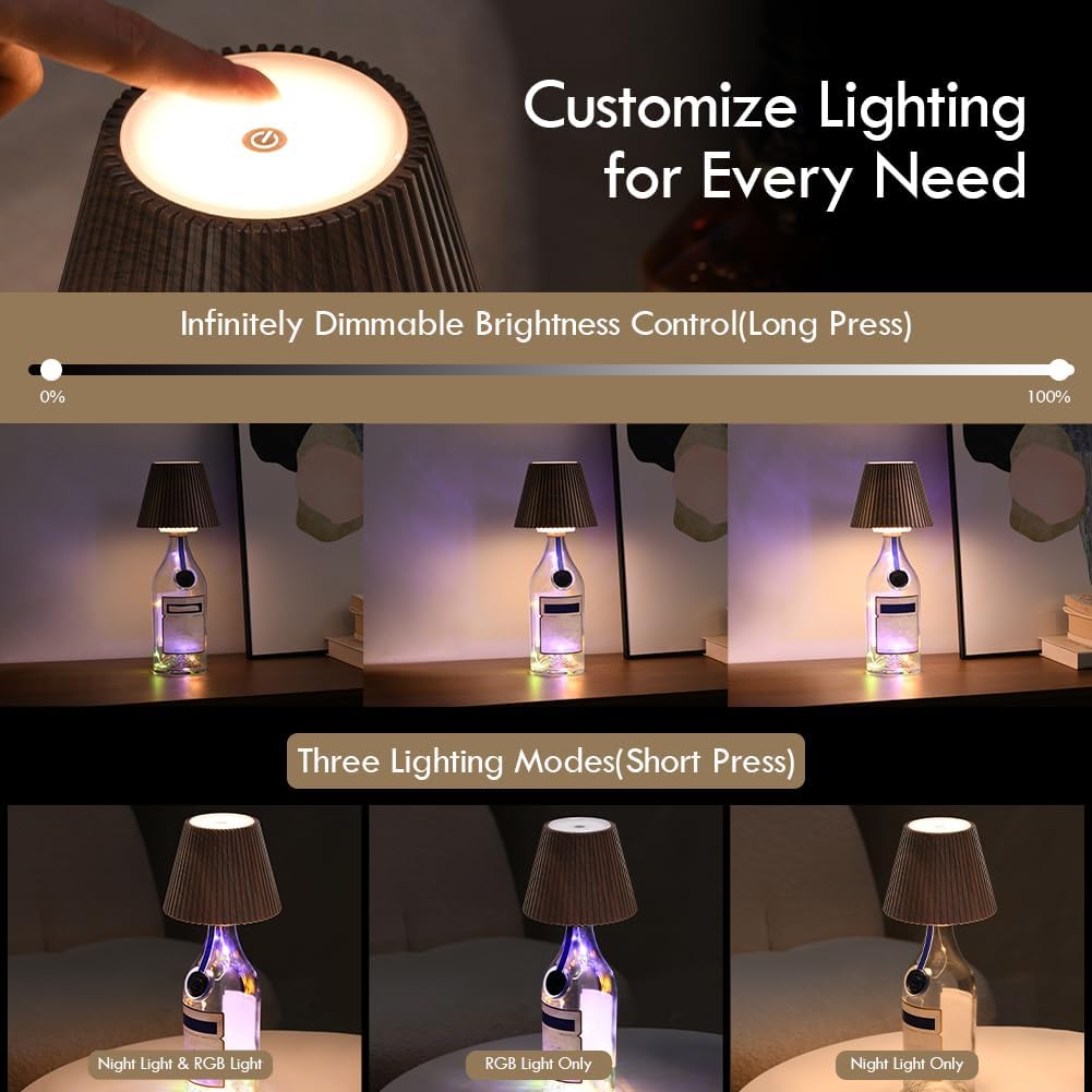 WILIT Wine Bottle Lights - 3-Level Brightness Rechargeable RGB Lamp Shade for Home Bar Decor, Cordless Table Lamp for Bedroom, Gifts for Her & Him