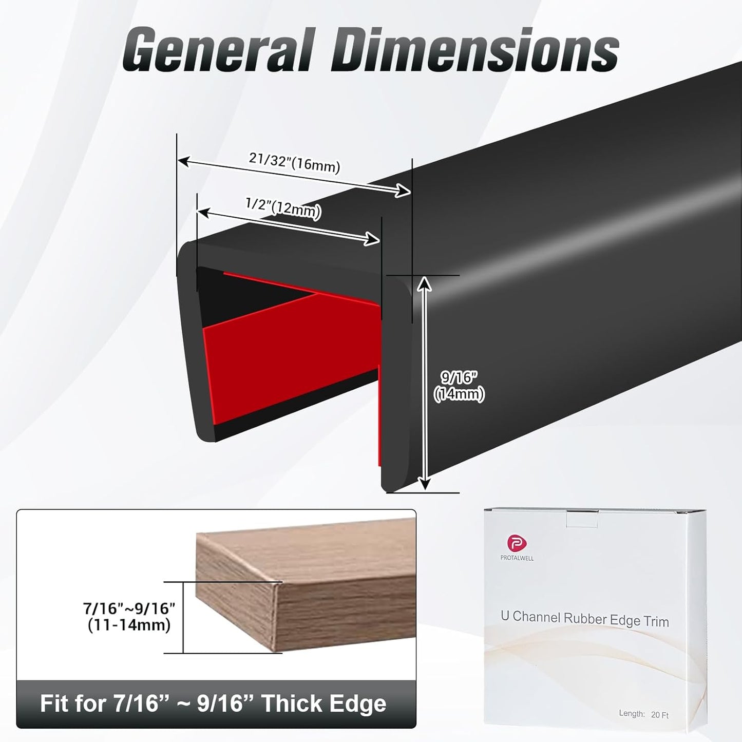 Rubber Edge Trim, Self Adhesive U Channel Edge Trim, Big Size U Shaped Trim, Edge Banding for Plywood, Woods, Shelf, Cabinet, Countertop, Fit for 1/2", Length 20Ft, Black