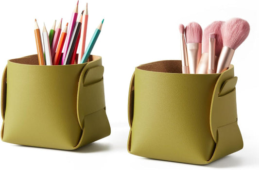 HOMIEAZICOZI 2-Pack Cork Leather Desk Accessories Storage - Pencil Pen Holder - Makeup Brush Holder Organizer - Stylish Addition to Home Decor (Olive Green)