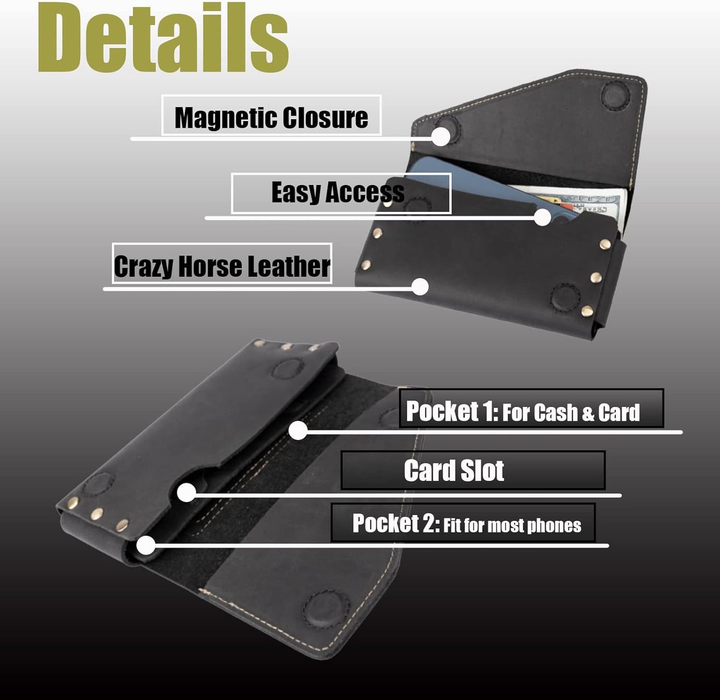 Topstache Leather Phone Holster with Belt Clip,S22 Ultra Belt Holder,iPhone 14 Pro Max Case for Belt,Leather Belt Pouch for Universal Smartphone with Protective Case,Flip Cellphone Pouch,XL,Black