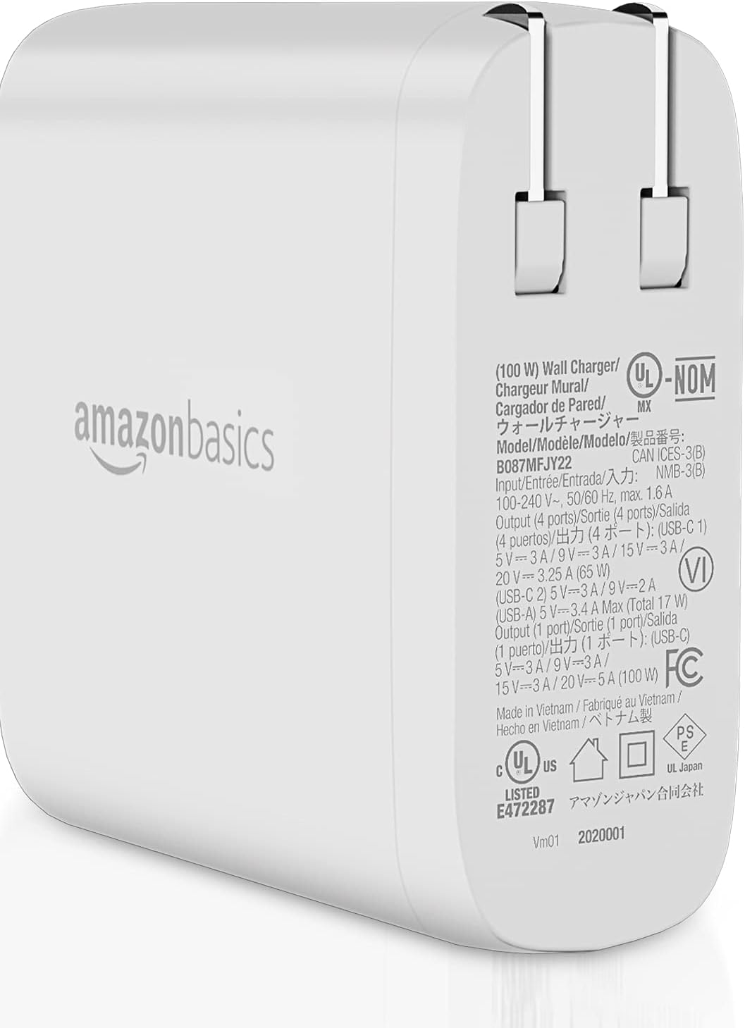 Amazon Basics 100W Four-Port GaN Wall Charger w/ 2 USB-C (100W,18W) & 2 USB-A Ports (12W) w/PD for Laptops, Tablets & Phones (iPhone 16/15/14/13/12/11/X, iPad, Mac, Samsung, and More), Non-PPS, White