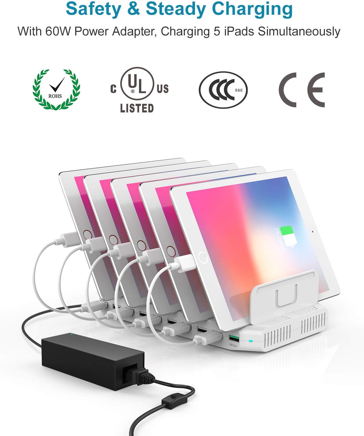 Unitek Charging Station for Multiple Devices, USB Charging Dock with Adjustable Dividers, QC 3.0 and SmartIC, iPhone, iPad, Tablet Organizer Stand-(UL Certified)