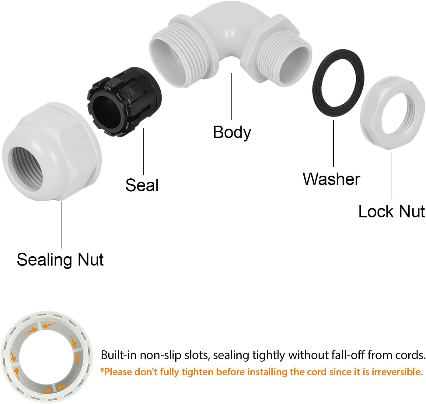 LeMotech M20 Cable Gland, 90 Degree Adjustable 9-14mm Strain Relief, Cord Connectors Nylon Joints with Gaskets, 2 Pcs, Grey