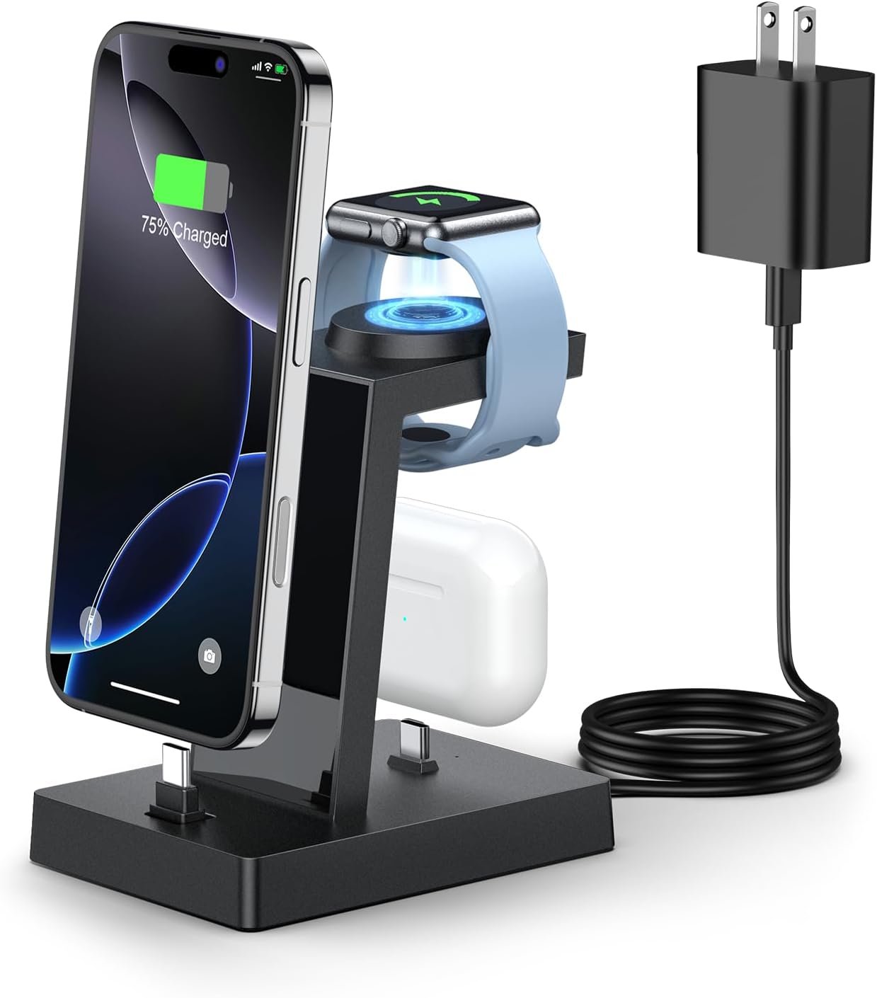 30W Fast 3 in 1 Charging Station for Apple Devices - ADADPU USB C Charger Stand for iPhone 16 15 Pro Max Plus & AirPods 4, Wireless Charger Dock Compatible with Apple Watch Ultra/10/9/8/7/6/5/4/3/2/SE