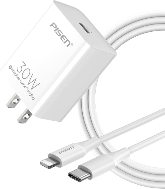 PISEN 30W USB C Charger - USB C Fast Charger Block, PD3.0 Wall Charger with 4FT Type C to L Cable, 30W Power Adapter for iPhone 16/15/14/13/12/11/XR/XS/X Series, iPad