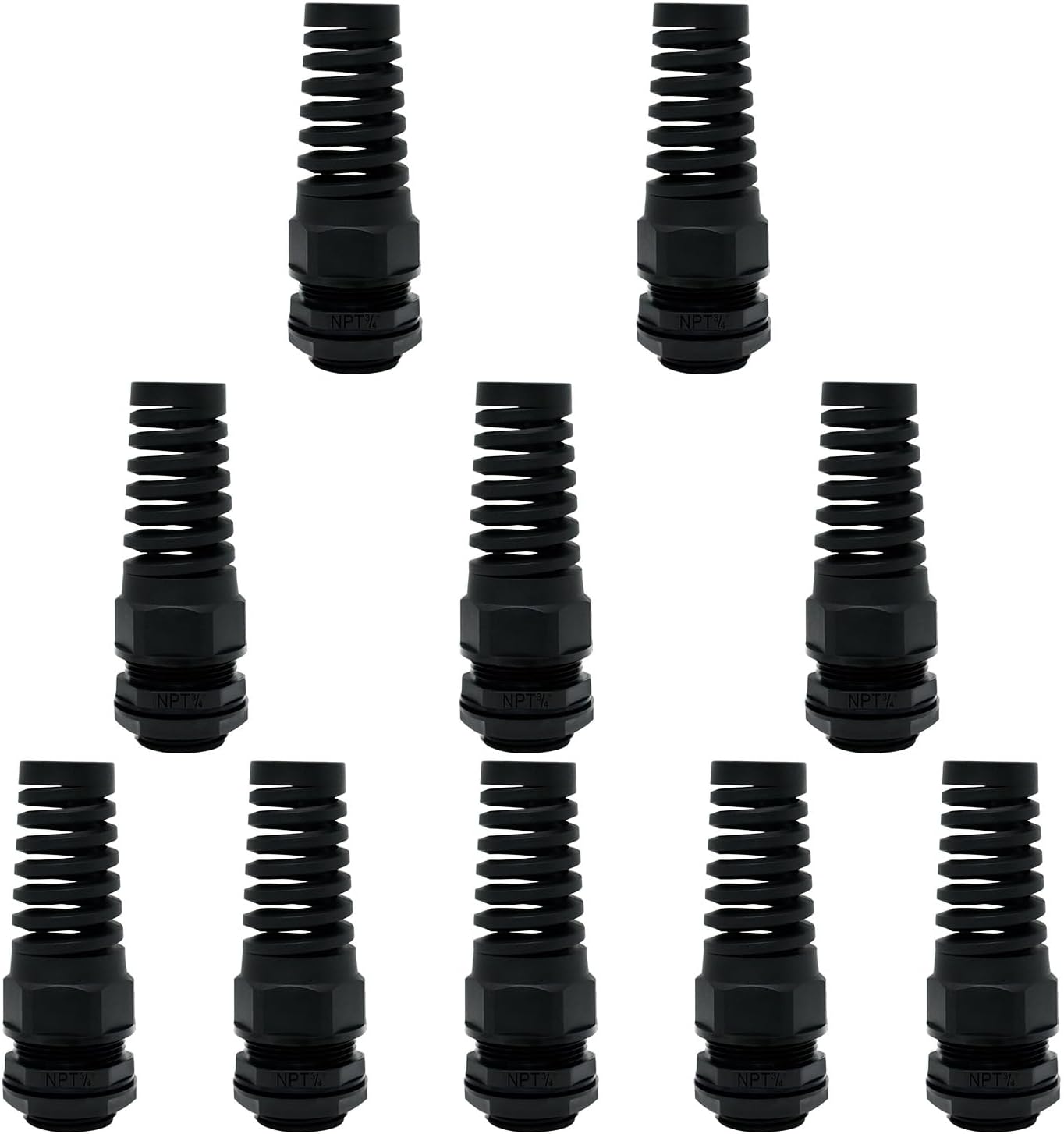 LeMotech 10Pcs NPT 3/4" IP68 Waterproof Cable Gland Flex Spiral Strain Relief Black Nylon Joint with Gaskets for 12.5-18mm Wire Thread