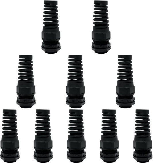 LeMotech 10Pcs NPT 3/4" IP68 Waterproof Cable Gland Flex Spiral Strain Relief Black Nylon Joint with Gaskets for 12.5-18mm Wire Thread